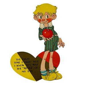 Vintage Carrington Company Valentines Card Lanky Boy Big Ears Apple Heart